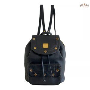 Authentic Vintage MCM Black Leather Studded Logo Motifs Flap Drawstring Backpack